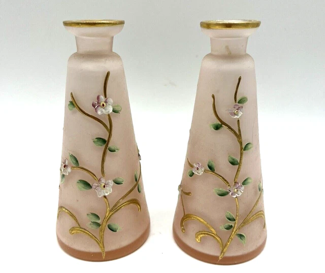 2 Vtg Irice Pink Satin Glass Perfume Bottles Handpainted West German