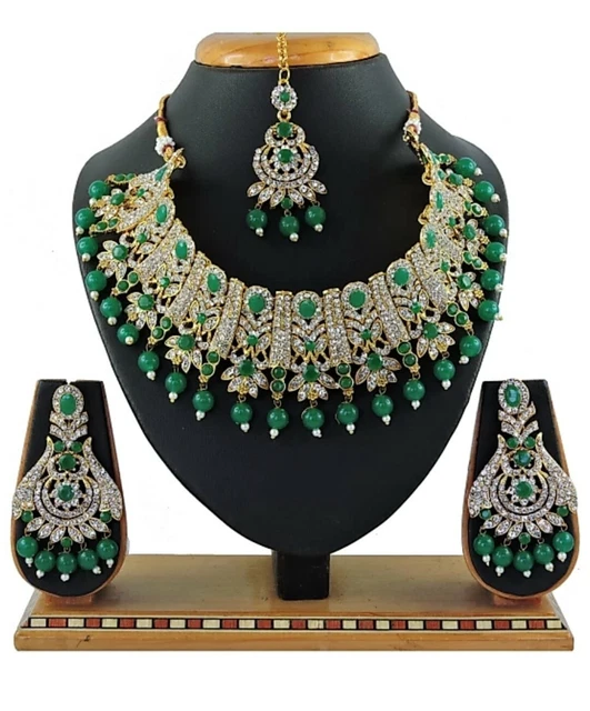 Green Indian Traditional Wedding Gold Plated Diamond Pearl Stud Bridal Jewelry
