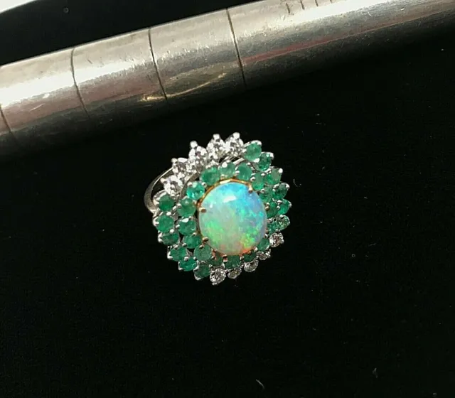 18K White Gold .50 CTTW Diamond Opal Emerald Ring - SZ 6.5 - 5.5 DWT / 8.6 Grams