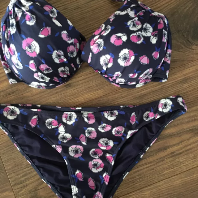 Next Blue/Pink Floral Bikini Uk 10 Bottom 36Dd/E Padded Underwired Top