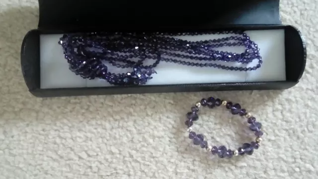 Beautiful Warren JAMES Purple Glass Long Necklace And Bracelet, Boxed