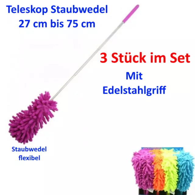 3x Ausziehbar Staubwedel Staubwischer Teleskopstiel Wedel Mikrofaser 27 - 75 cm