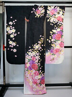 Japanese kimono SILK"FURISODE" long sleeves,Gold,Flowers, Peony, L 65" ..1186 3