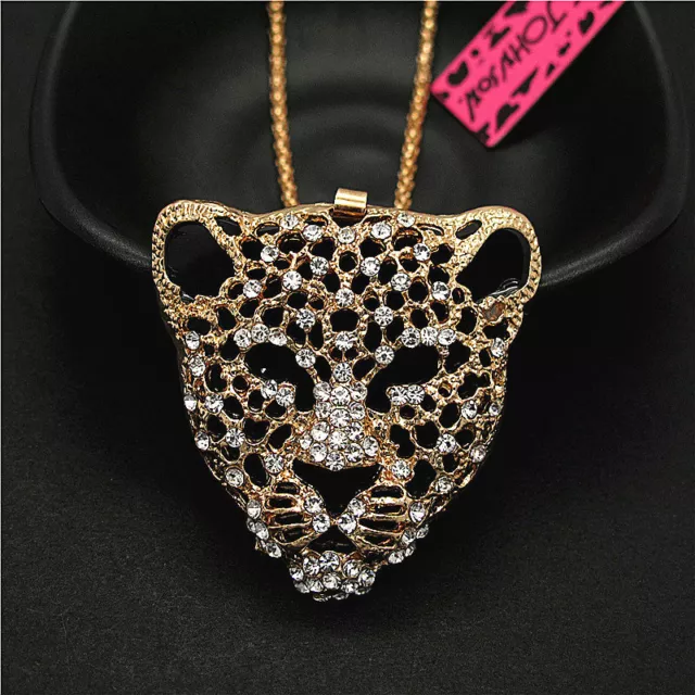 Fashion Lady Leopard Crystal Head Women Sweater Rhinestone Jewelry Necklace Gift