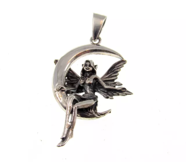 Handcrafted Solid 925 Sterling Silver Fairy Sitting on Crescent Moon Pendant