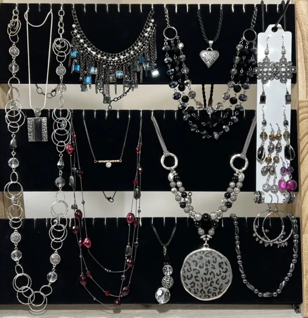 Gunmetal Jewelry Lot Silver Rhinestone Necklace Dangle Crystal Bead Pendant 26PC