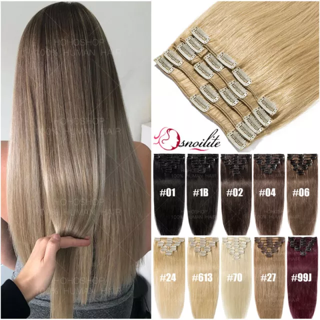 Damen Clip In 100% Remy Echthaar Extensions Haarverlängerung DICK 8 Tressen Lang