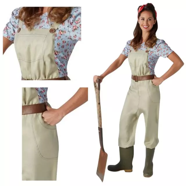 Women WW2 Land Army War Effort Costume Fancy Army Dress Jumpsuit Outfit