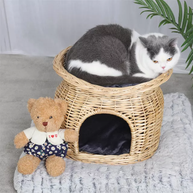 2 Layers Wicker Bunk Basket Cat Play House with Soft Cushion for Multiple Kitten