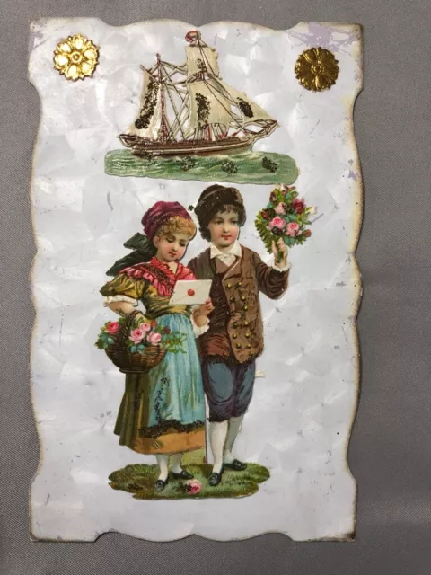 1909 FRENCH Couple Ship VICTORIAN SCRAP Antique Postcard France