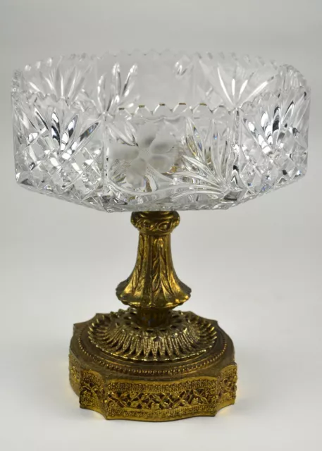 Vintage Clear Crystal Compote with Metal Base Stand Fruit Bowl Candy Dish Lead &