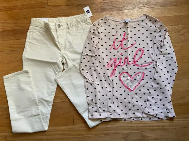 Gap Pastel Pink "It Girl" Tee Black Hearts + Silver Glitter Cream Jeans 12 NWT