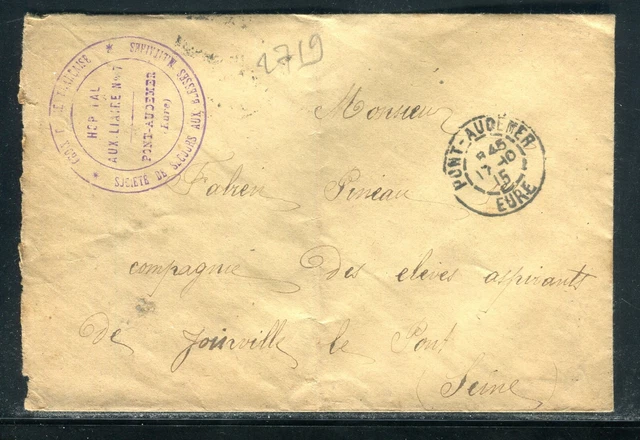 Cachet de l'Hôpital Auxiliaire 7 de Pont Audemer sur enveloppe en fm en 1915