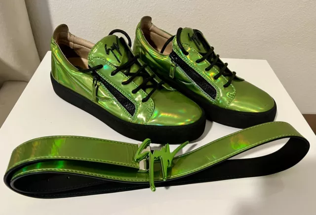 GIUSEPPE ZANOTTI FRANKIE Green Shiny Men’s Shoes with Belt Set Pre ...