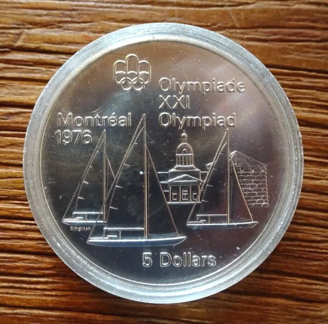 5 Dollar Silber Münze Canada Olympiade Montreal 1976 Segelboote in Kapsel
