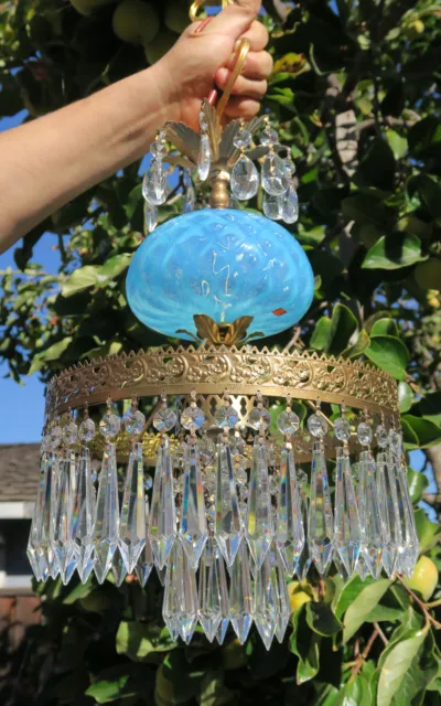Vintage Lamp chandelier MURANO Venetian Turquoise Opaline Art Glass brass Tole 3