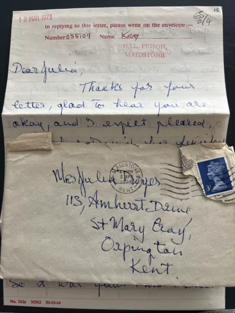 Rare Charlie Kray Prison Letter With Original Envelope. Dated April 1973 Krays