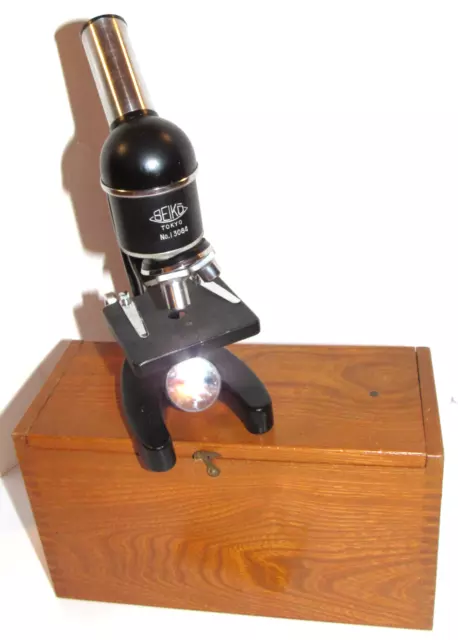 Vintage Compact Kid's Seiko Microscope In Wooden Case! Cast Iron Frame! Japan