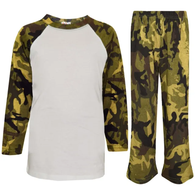 Kids Girls Boys Pyjamas Camouflage Green Contrast Sleeves Nightwear PJS 2-13 Yrs