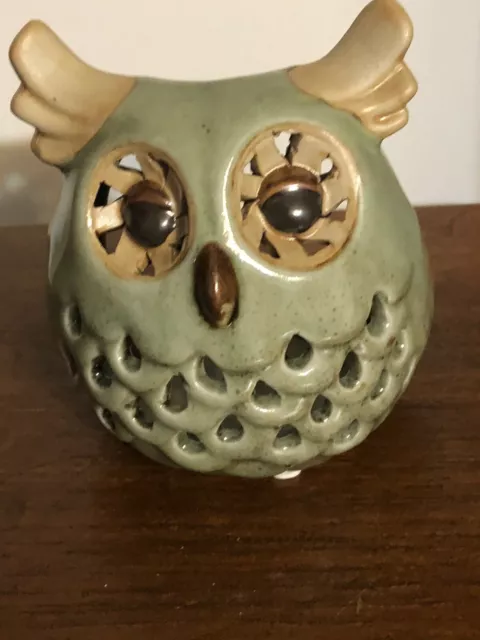 Green Brown Owl Tea Light. Glazed Ceramic Pottery. 4-1/4” Tall.