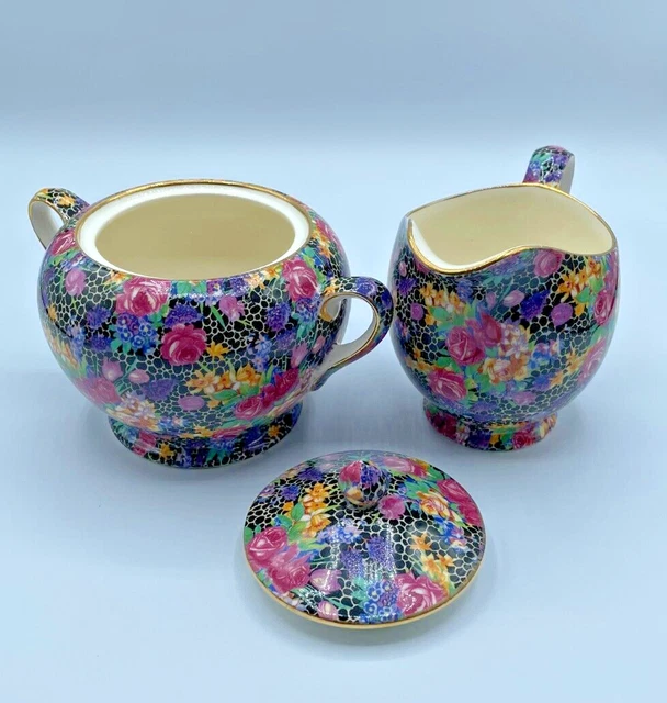Royal Winton Grimwades 1930's 'Hazel' Chintz Pattern Sugar & Creamer Set Albans 2