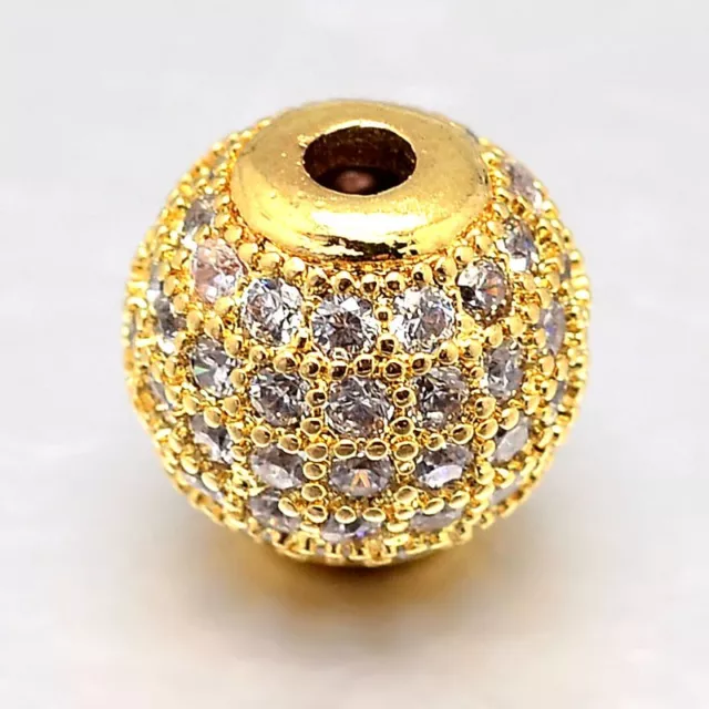 Real Gold Plated Round Brass Micro Pave Cubic Zirconia Beads Jewelry Making 8mm