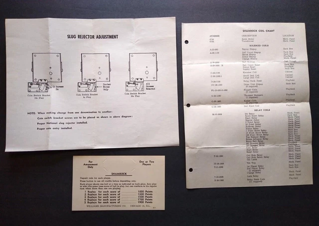 Shamrock Pinball Machine Original Vintage Game Instructions Card Coil Chart 1956