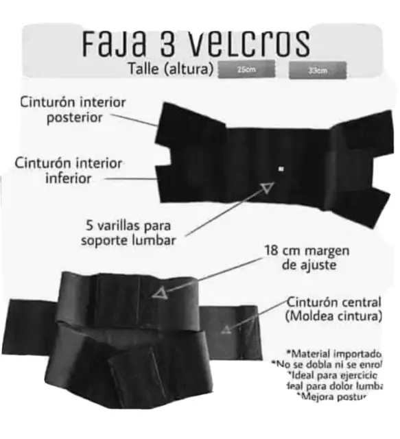 FAJA 3 VELCROS Para Gym/Postura/Dolor De Espalda/Posparto/Fácil De Usar Y Quitar