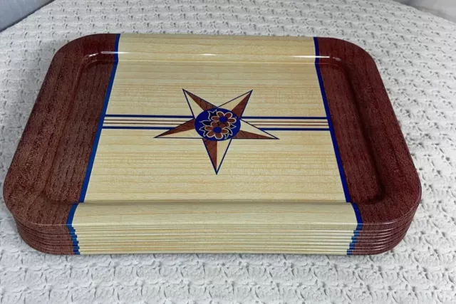 Vintage 1970’s TV Metal Lap Serving Trays Faux Wood With Star Blue Flowers MCM