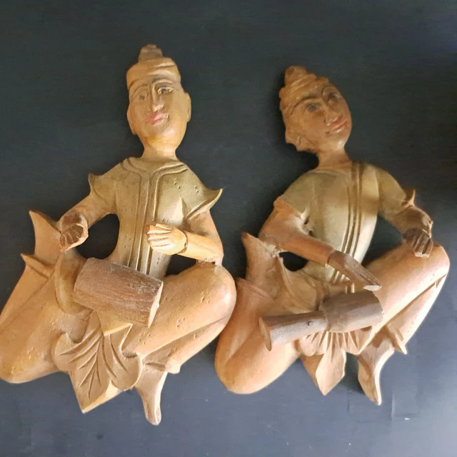 Set of 2 Hand Carved Wooden Burmese Tibetan Asian Temple Musician  Wall Hanging