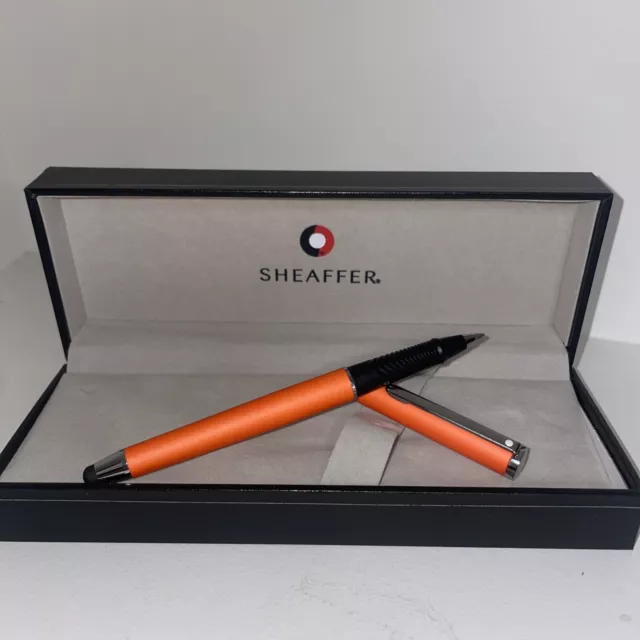Sheaffer Metal Orange Ball Point Pen Great Condition New In Box Black Ink