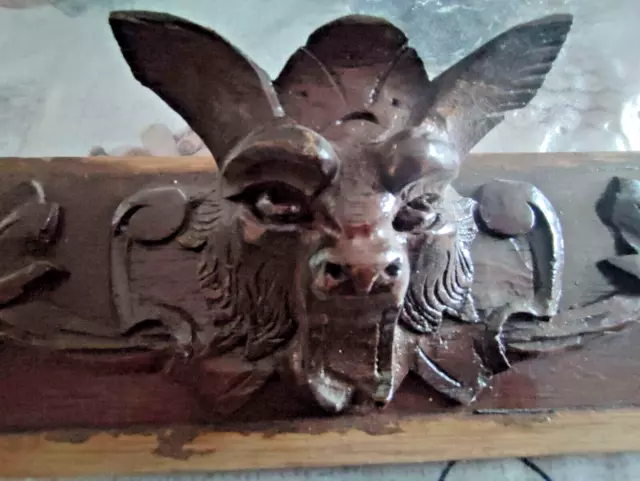 44,5" Antique French Wood Carved Oak Gothic Pediment Architectural Demon Head 3