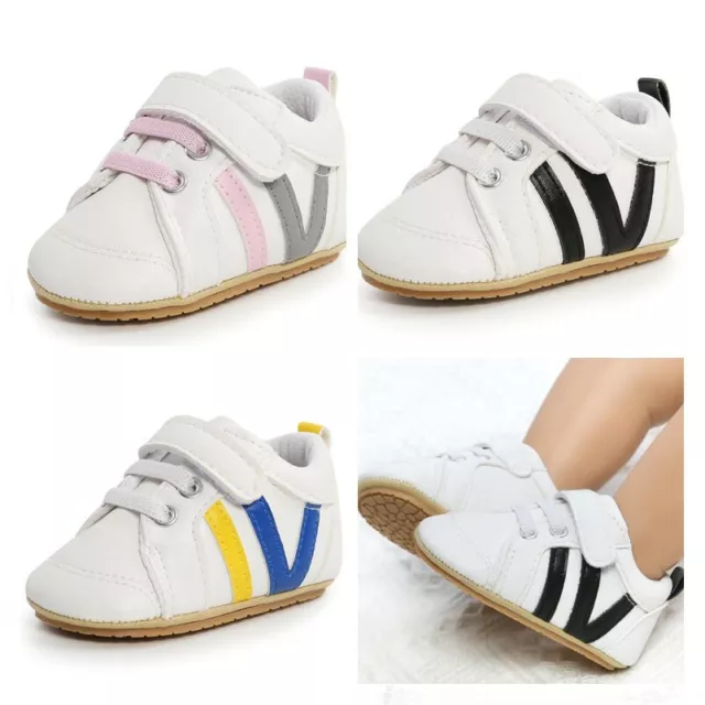 Baby Boy Girl Pram Shoes Infant White PreWalker Trainers Sneakers 3 6 9 12 18 M