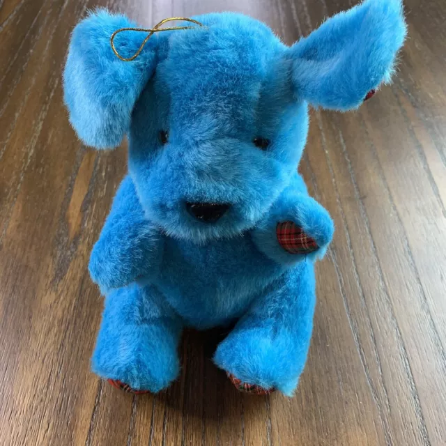 Nanco Plush Stuffed Animal Blue Dog w/ red plaid on limbs