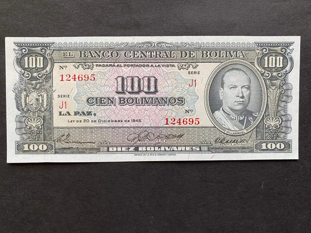 BOLIVIA, 1945, Billete Banco Central de Bolivia, 100 BOLIVIANOS, Serie J1, UNC