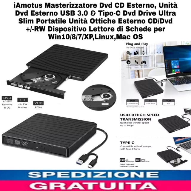 Masterizzatore Dvd CD Esterno x PC,lettore Dvd CD Esterno USB3.0 & Tipo-C Dvd Dr