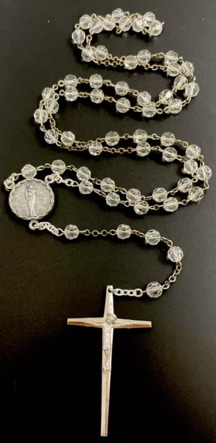 Rosario de 5 décadas de cristal católico vintage, crucifijo en tono plateado, Italia