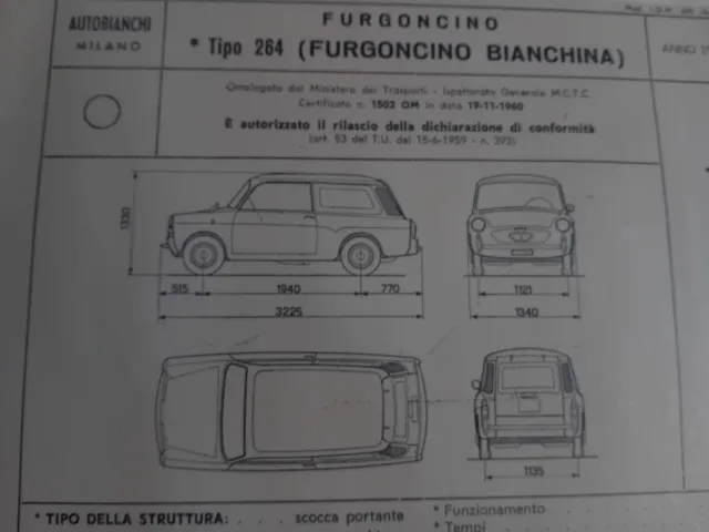 AUTOBIANCHI BIANCHINA FURGONCINO TIPO 264 SCHEDA omologazione originale 1960 ASI