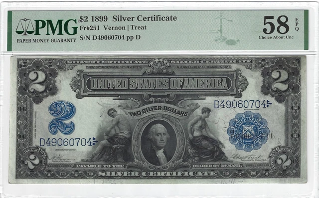 Fr. 251 1899 $2 Silver Certificate, Vernon / Treat PMG 58EPQ Choice AU, Nice!