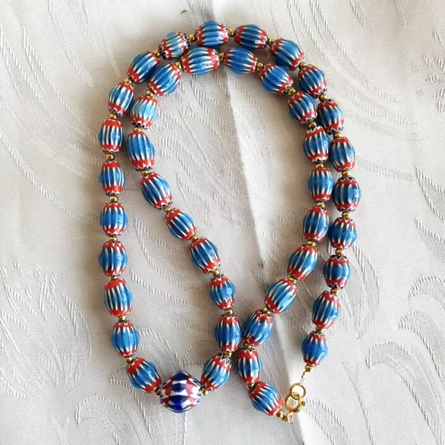 Antique Venetian inspired Blue Chevron Beads Long Strand necklace 24inch