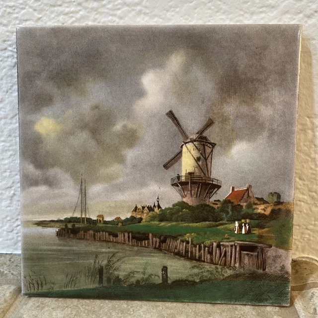 Vintage English Ceramic Trivet - Holland Landscape Windmill - 6" X 6" Tile EUC