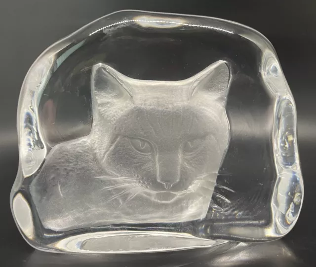 Cristal d'Arques Lead Crystal CAT Art Glass Paperweight Reverse Etched France