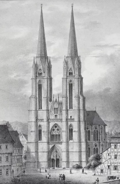 MARBURG - Elisabethkirche Vorderseite - Lithographie um 1830