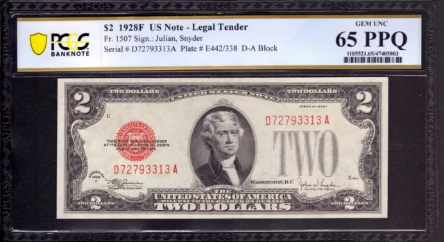 1928 F $2 Legal Tender Red Seal Note Fr.1507 Da Block Pcgs B Gem 65 Ppq (313A)