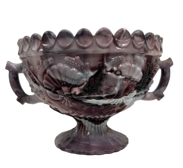 Antique Amethyst Marbled Malachite Slag Twin Handled Glass Pedestal Bowl