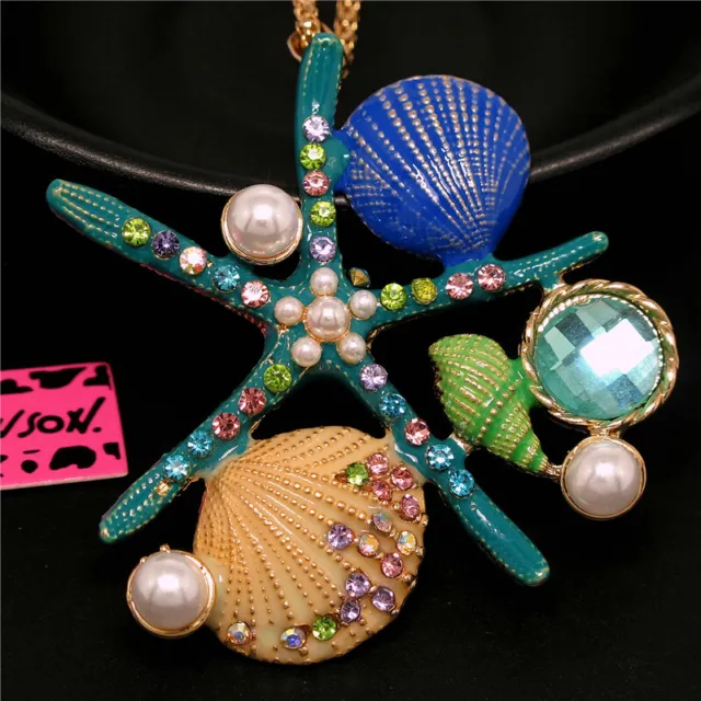 New Fashion Women Cute Blue Enamel Starfish Shell Crystal Pendant Lady Necklace