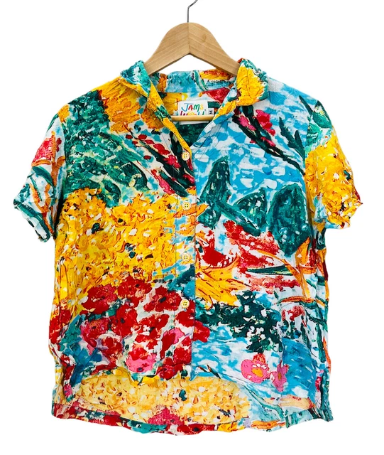 VINTAGE 80S JAMS World Colorful Floral Print Rayon Hawaiian Shirt Women