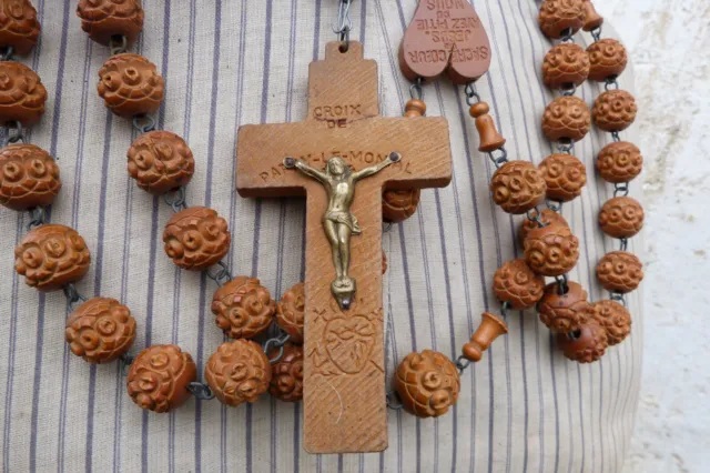 Antique old French 1900 carved wood huge rosary Lourdes souvenir  / monk 43 inch