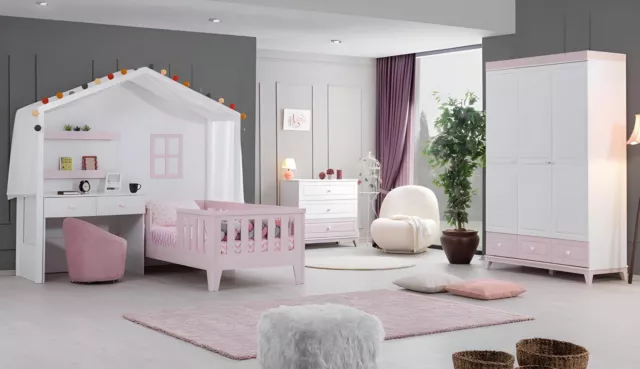 Kinderzimmer Garnitur Modern Kinderbett mit Schreibtisch Kommode Kleiderschrank