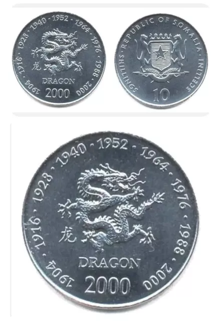 🔥50x🔥Somalia Republic 10 Shilling Coins 2000 Zodiac Dragon Animal Coins.